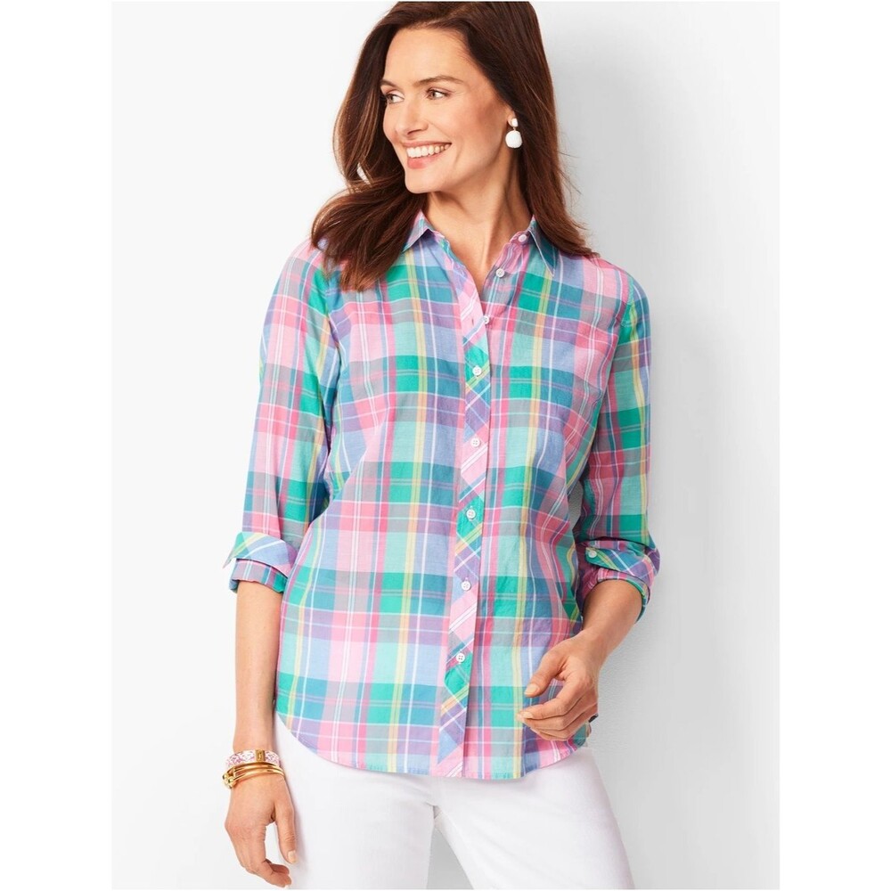 Talbots Pastel Madras Plaid 100% Cotton Classic button-Down Shirt Spring M